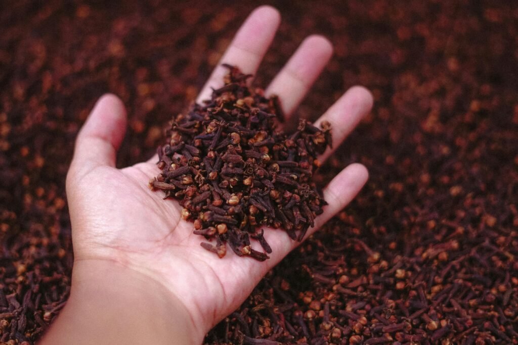 A close-up of a hand holding dried cloves at a market in Malang, Indonesia.